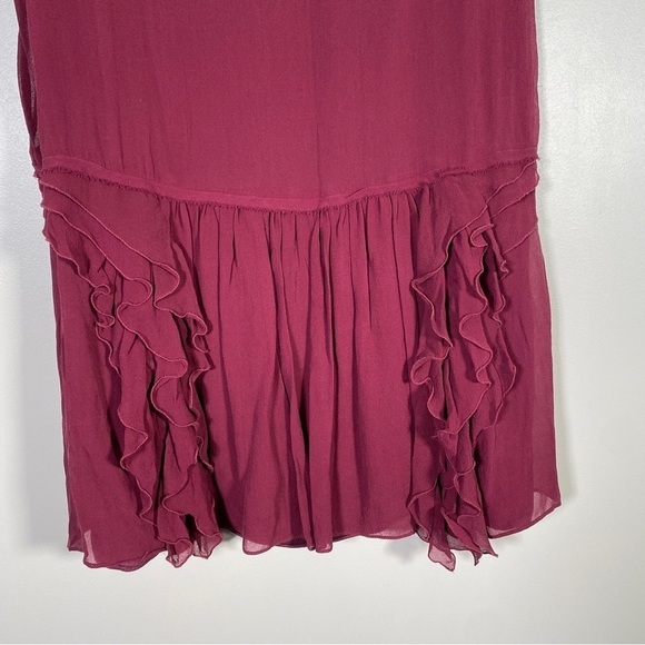 Theory Rinoe Georgette Silk Bordeau Ruffle Drop Waist Sleeveless Dress 8 - Picture 6 of 8